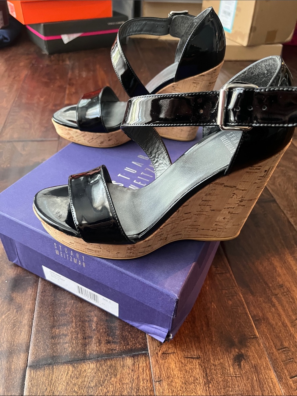 Stuart Weitzman Black Patent Cork Wedge Sandals with Ankle Strap - Picture 3 of 9
